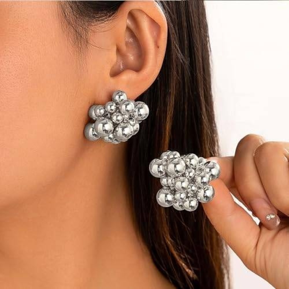Silver Bubble Cluster Stud Earrings Statement Metallic Spherical Jewelry